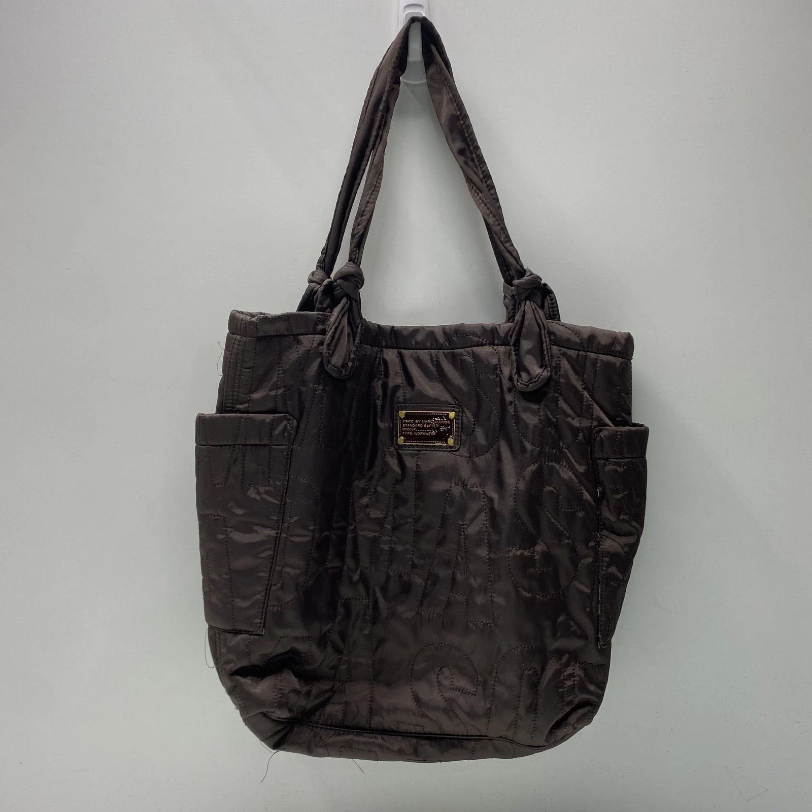 Marc by Marc Jacobs Brown Pretty Nylon Logo Quilted Tote Bag Knotted Handles