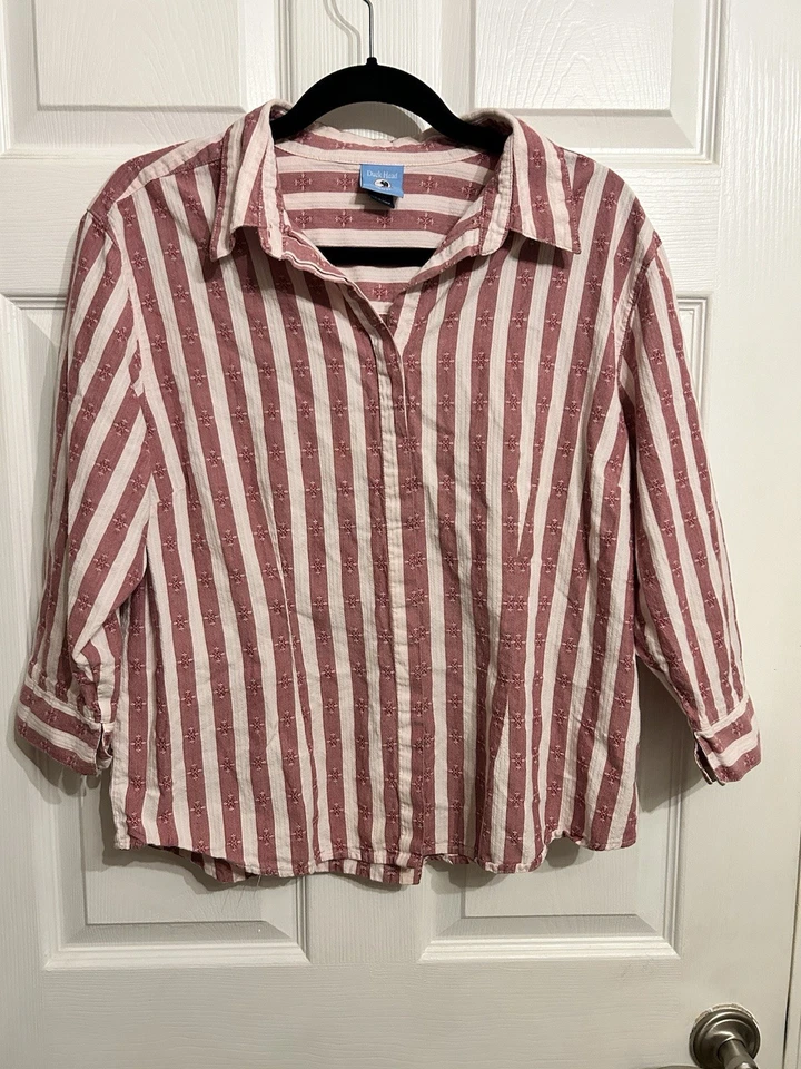Camisa para mujer Duck Head Jeans Co. L con botones rosa blanco cottagecore encaje a rayas Foto 2 de 4