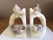 Ancien Serre-livres en Albâtre sculpté - Couple d’oiseaux/Moineaux Vintage