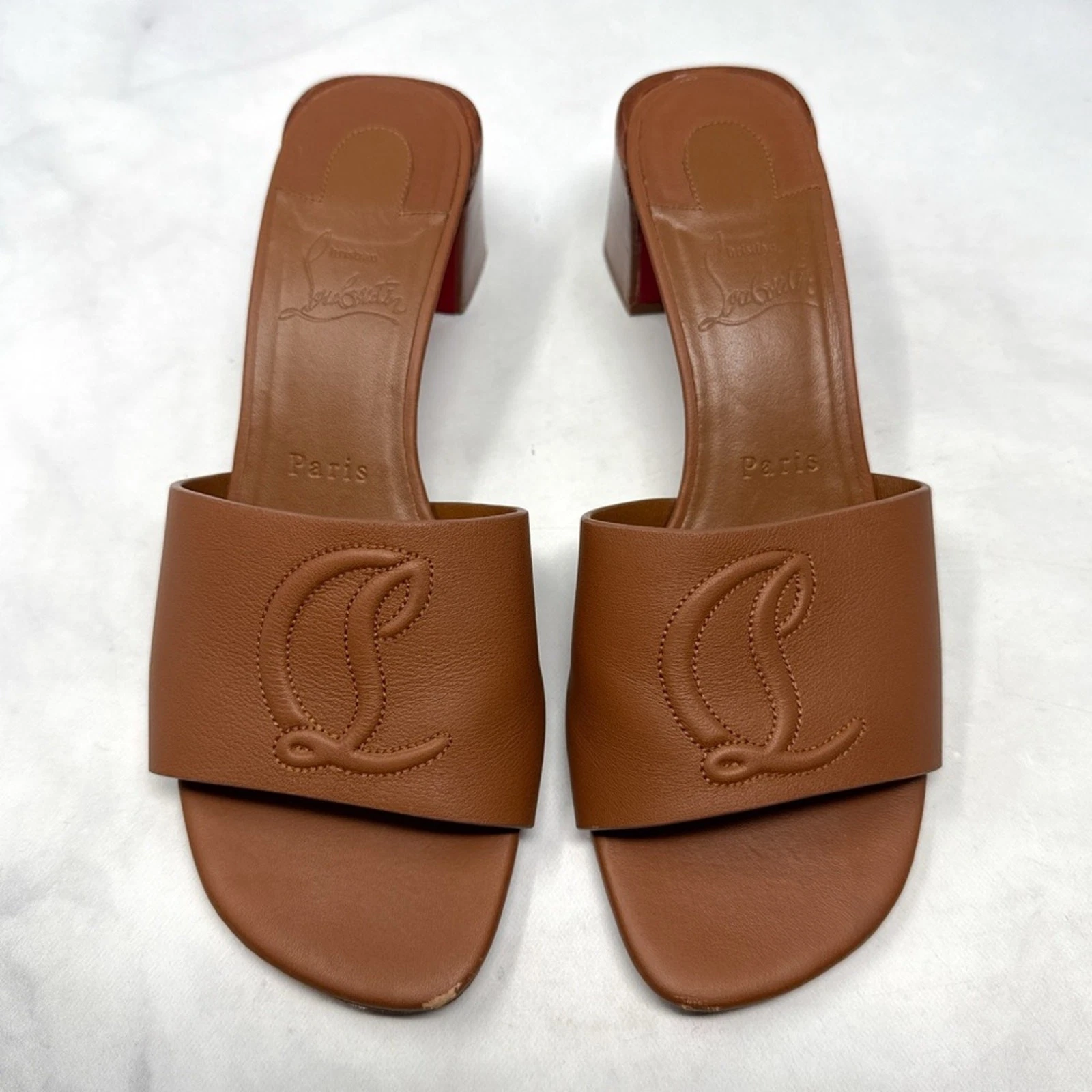 Christian Louboutin — Christian Louboutin So CL Logo 55 Leather Low Block Heel Mule Sandals Brown 37.5