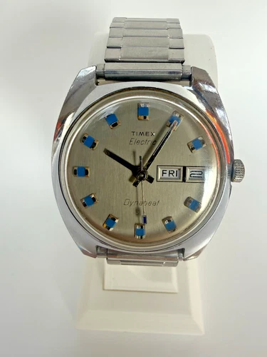 Vtg Timex Electric Dynabeat Day-Date Watch Blue Markers Stainless Steel-Running