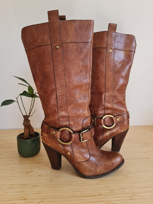 Stunning River Island Knee High Leather Vintage Boots in Tan, UK5