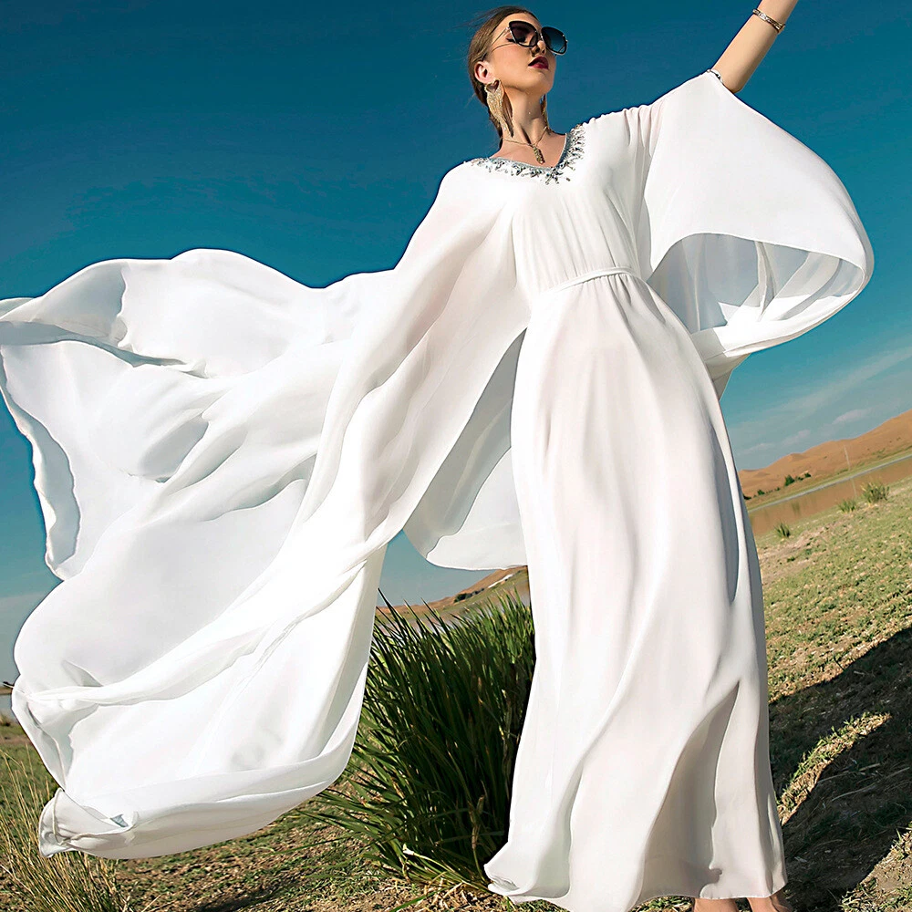 White evening shop gown with cape