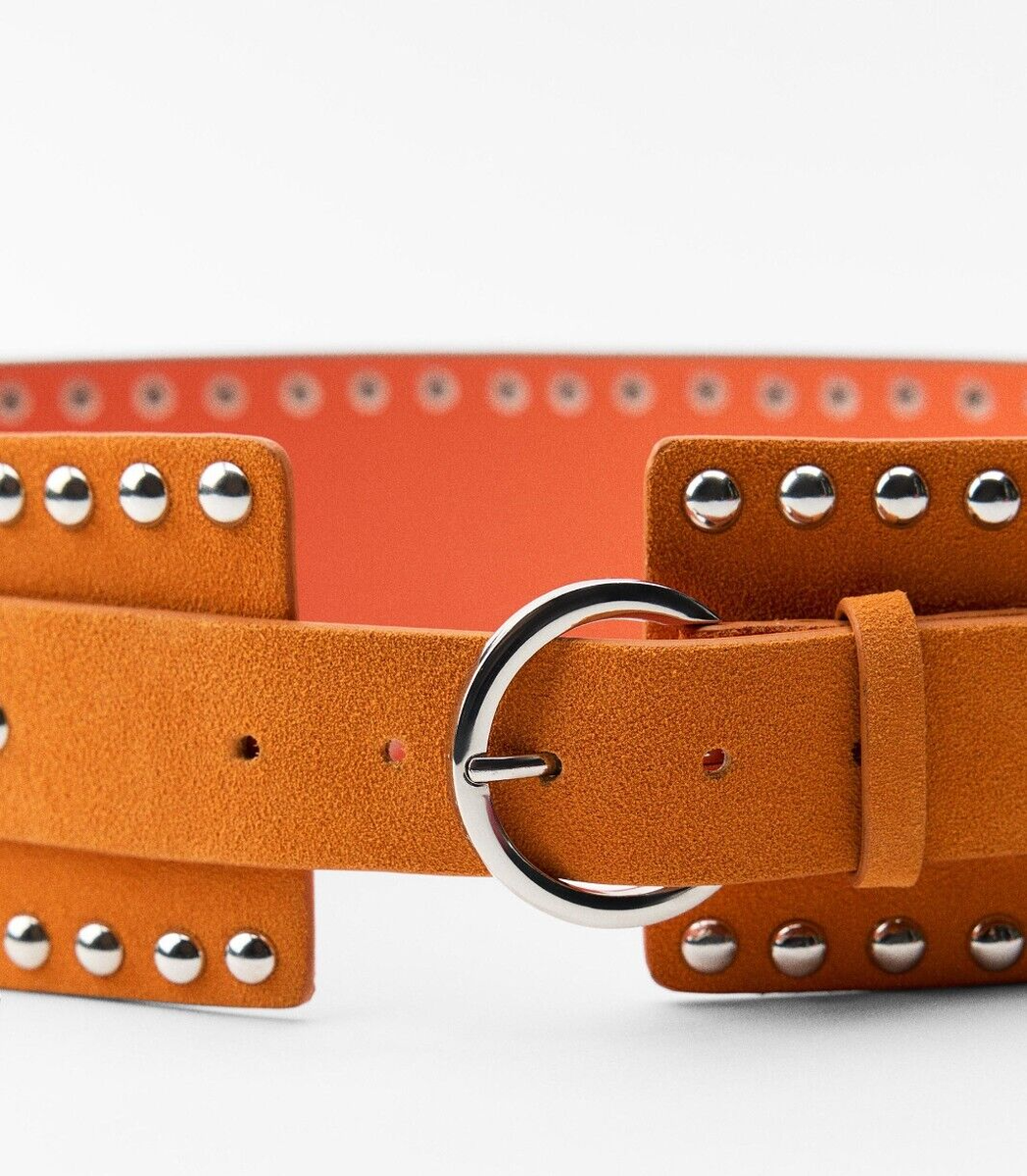 Zara Wide Studded Suede Leather Corset Belt Orange Size W30  display picture 3