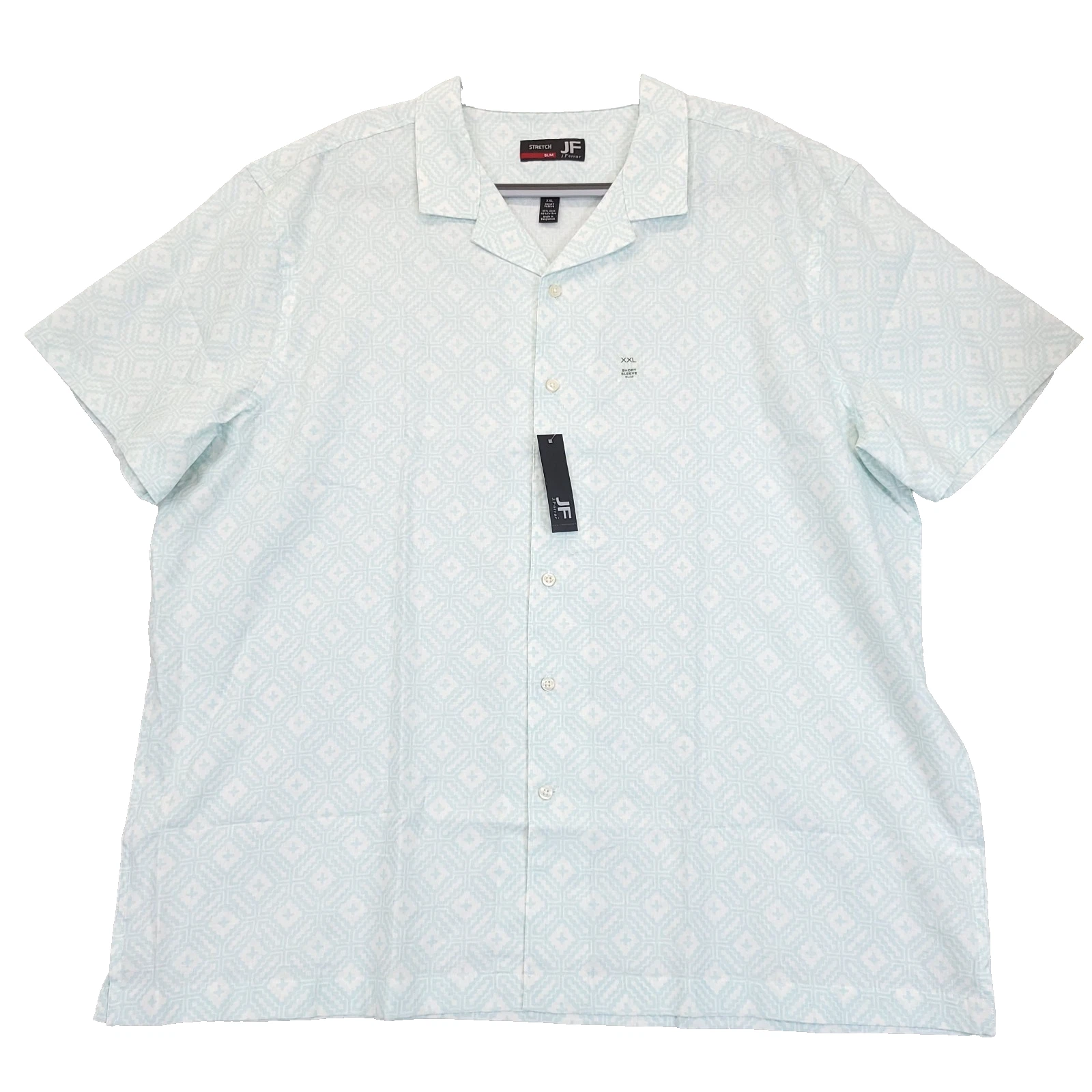 J. Ferrar Button Up Shirt Linen Blend Men XXL Slim Short Sleeve Geo White Blue