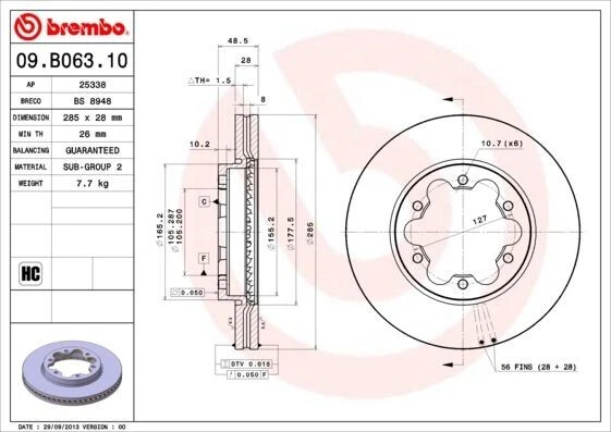 Juego 2x discos de freno delanteros BREMBO 09.B063.10 para Toyota Hiace 2004- Foto 2 de 4
