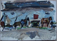 Ukrainian Soviet USSR Oil Painting impressionism horse stable