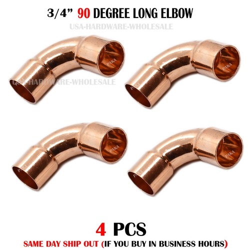4 PCS 3/4" CxC Wrot Copper 90° Long Turn Elbow ( For 7/8"O.D. Pipe ) LEAD FREE