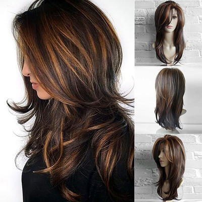 65cm Sexy Gradient Brown Party Wigs Long Curly Hair Mixed Colors