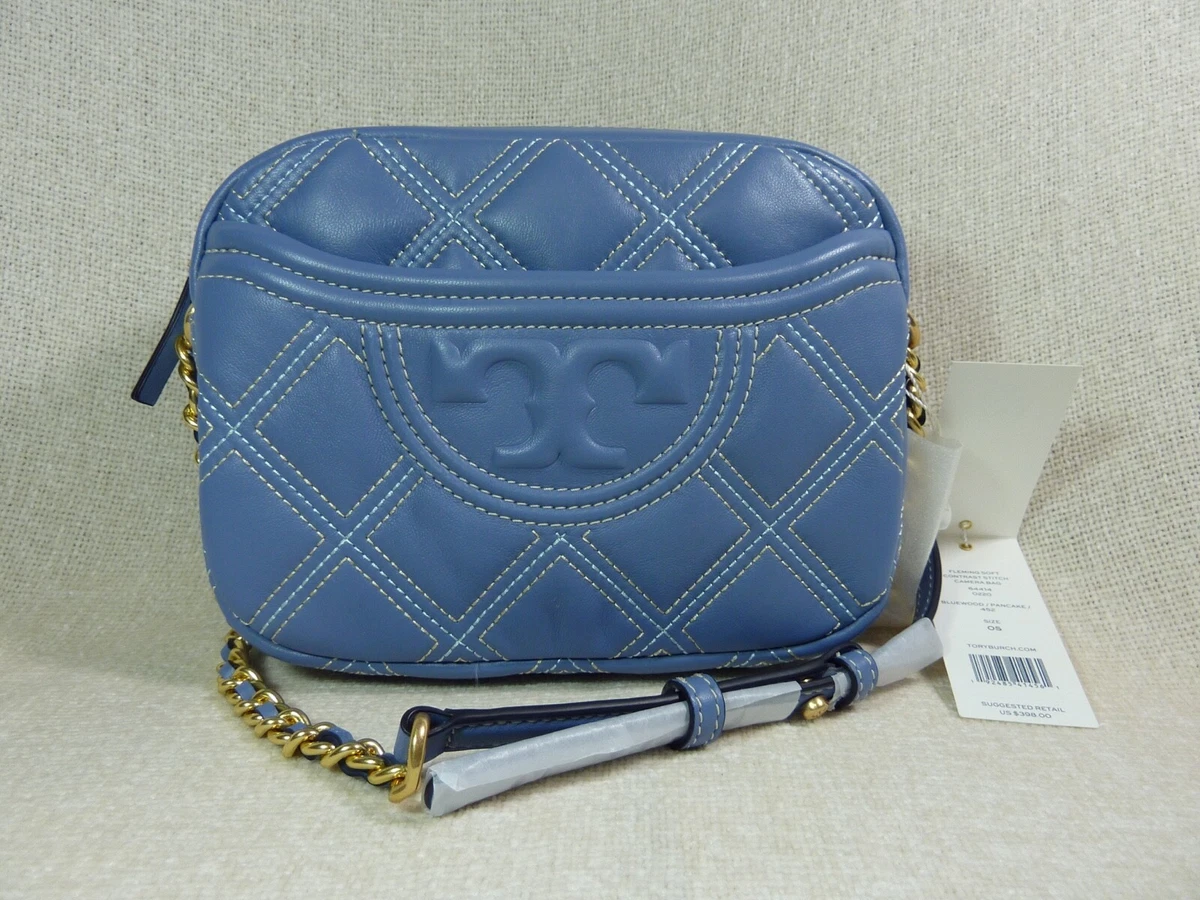 NEW Tory Burch Bluewood/Pancake Fleming Soft Contrast Stitch Camera Bag $398