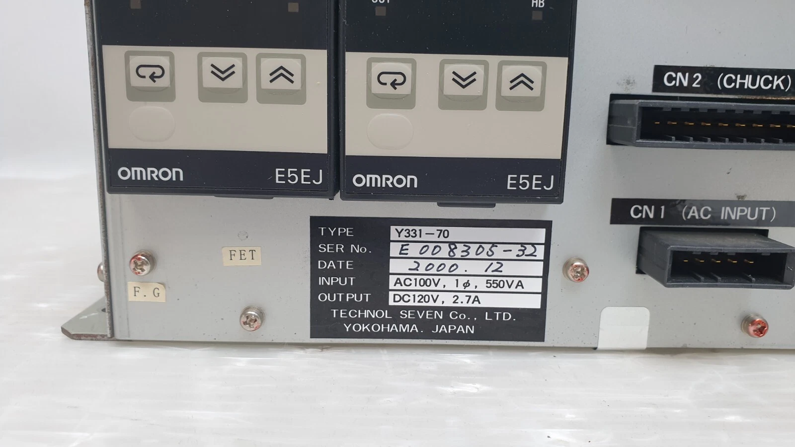 Nameplate: Y331-70, date 2000.12, AC100V 1-phase 550VA in, DC120V 2.7A out, Technol Seven
