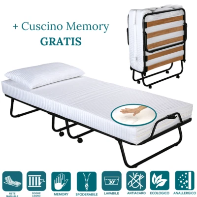 EVERGREENWEB BRANDINA LETTO PIEGHEVOLE A DOGHE CON MATERASSO MEMORY H 12 CM + CUSCINO OMAGGIO