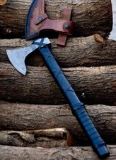Hand Forged Black Damascus  Steel Axe, Axe With Leather Sheath, Ragnar Axe gift