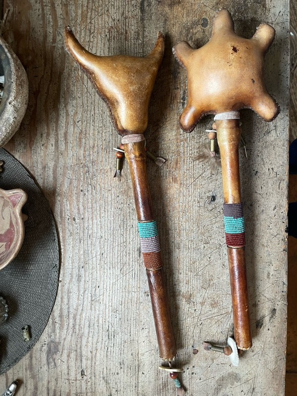 2 Navajo Rawhide Rattles With Beaded Handle 16.5” Buffalo and Turtle