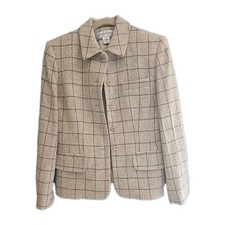 Vtg Jones New York Tan Windowpane Wool Career Formal Blazer Jacket Womans Size 6