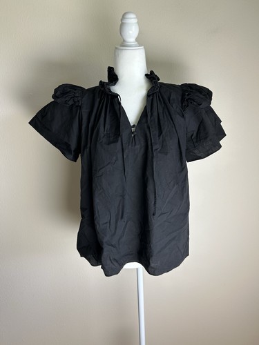 Hunter Bell Millie Blouse Top Size L Black Ruffle Neck Peasant Modern Tie - Picture 2 of 7