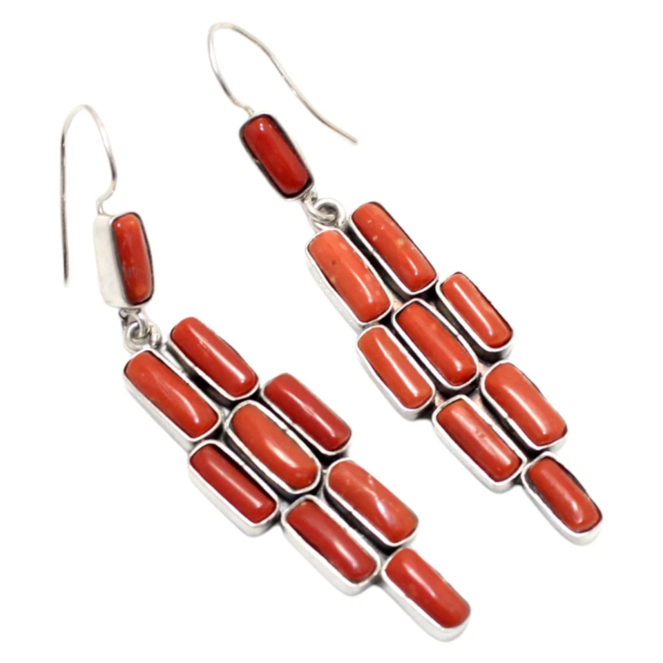 Earrings 925 Sterling Silver Natural Coral Gem Stone Handmade Women Gift G445 - Изображение 4 из 4