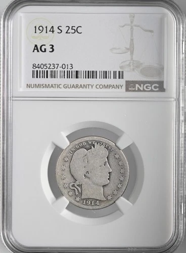 1914-S  25C BARBER SILVER QUARTER  SAN FRANCISCO MINT  NGC AG3 #8405237-013
