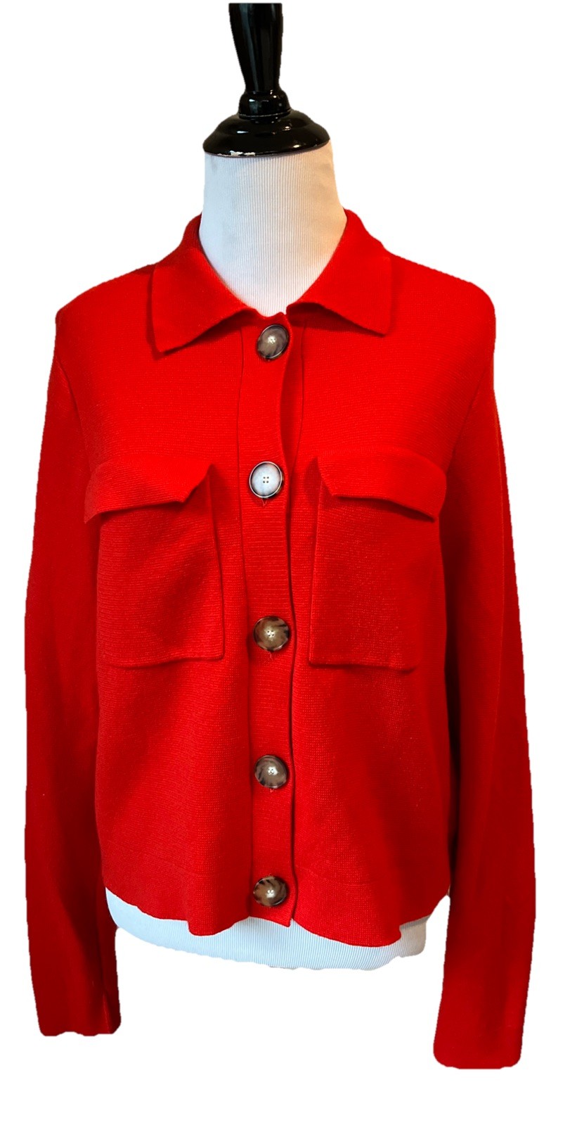 La Maille Sezane Betty Cardigan S Cherry Red Front Pockets Merino Wool Cardigan