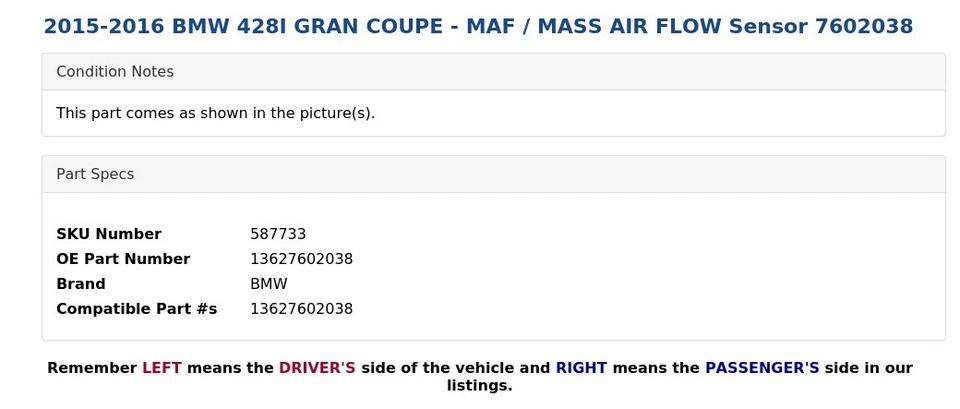 BMW 428I 2015-2016 Gran Cupé - MAF/Sensor de flujo de aire másico 7602038 Foto 4 de 4