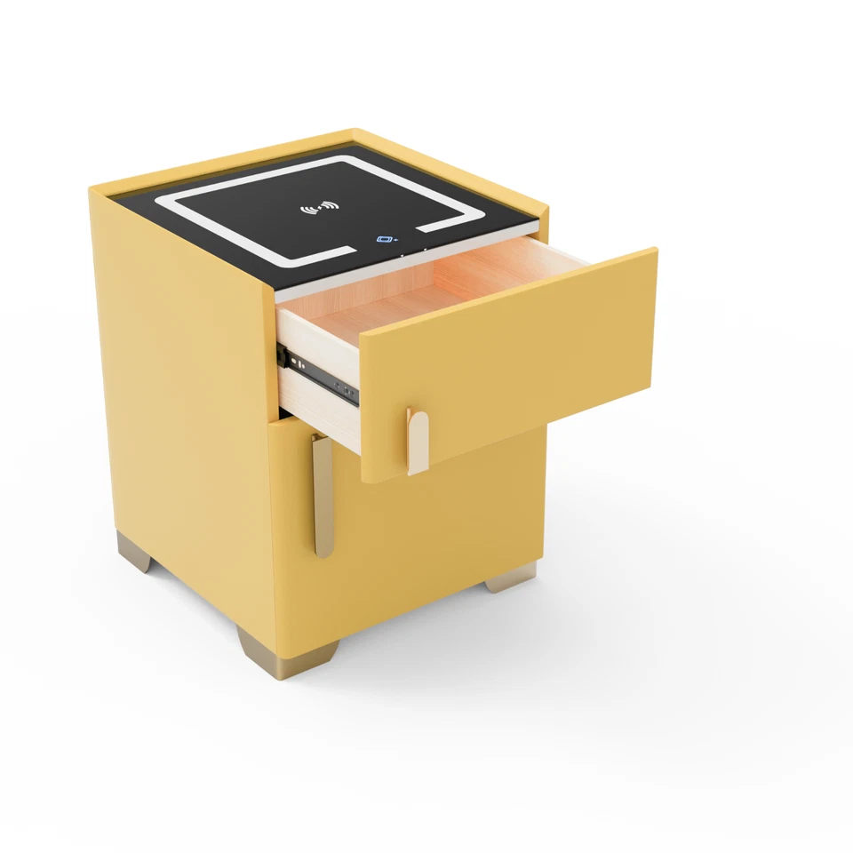 Mesita de noche inteligente amarilla con caja de seguridad, luz de 3 colores, carga inalámbrica Foto 2 de 4