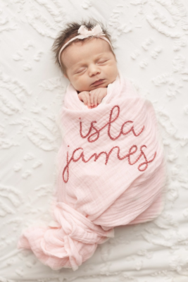 Personalized Hand Embroidered Baby Swaddle Blanket with Name and
