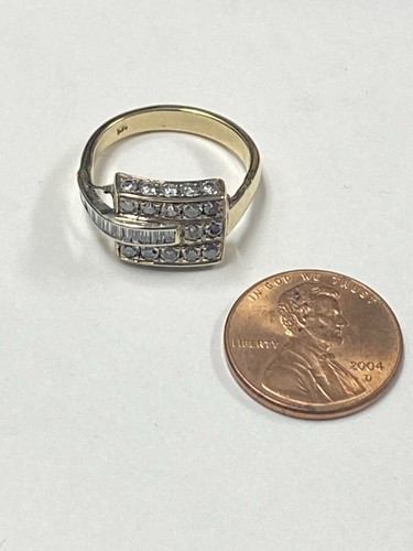 14k Gold Belt Buckle Design Ring With Round And Baguette Diamonds - Picture 7 of 11