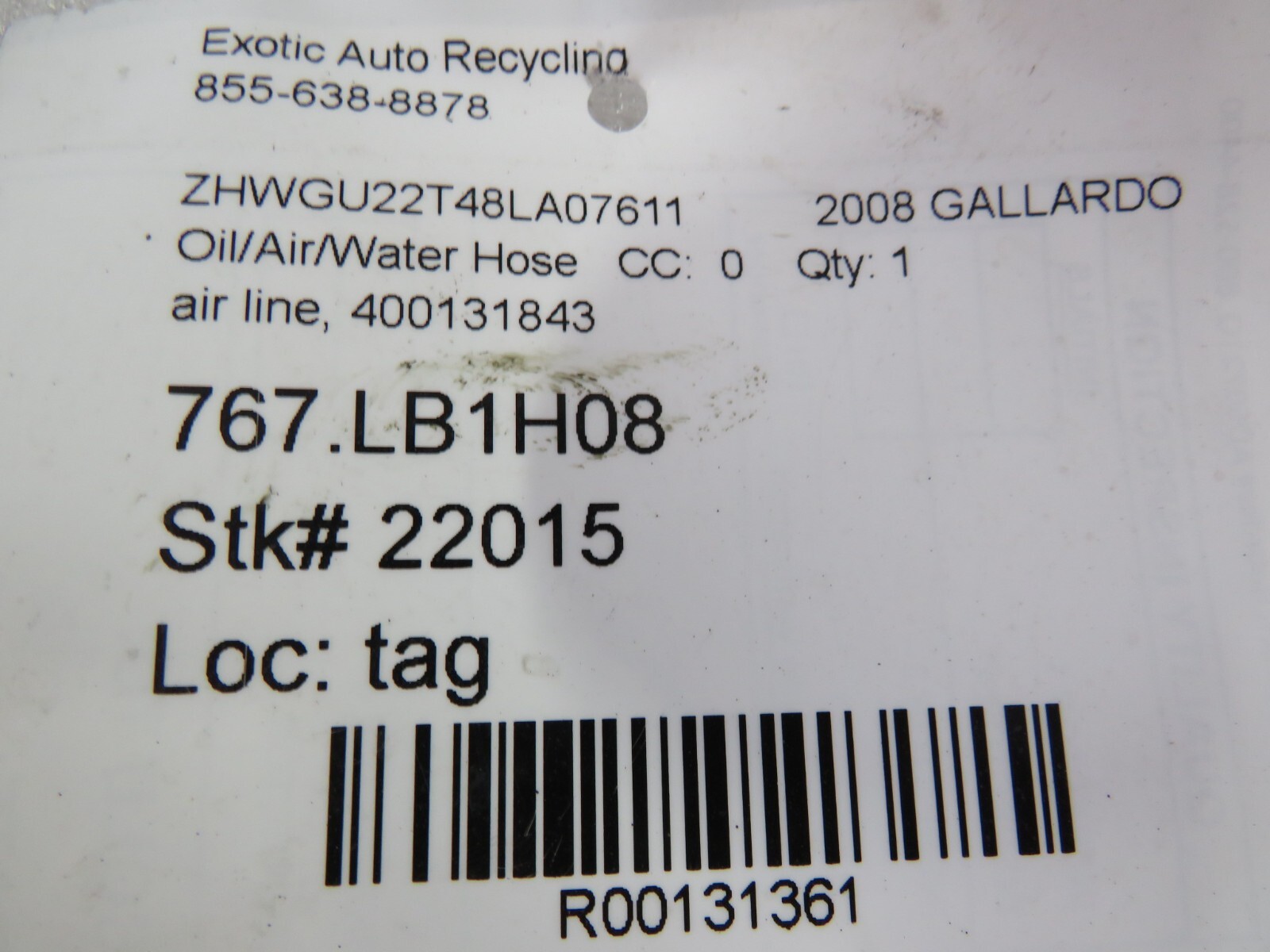 Lamborghini Gallardo, Spyder, Coupe, Air Hose, Used, P/N 07L131058