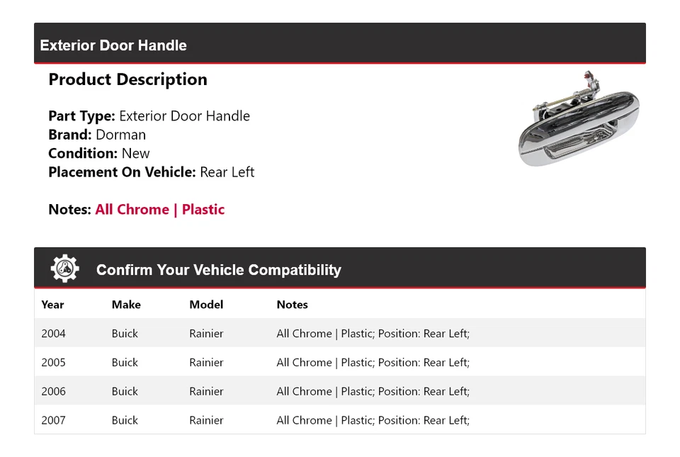 Manija de puerta exterior trasera izquierda para Buick Rainier Dorman 2004-2007 2005 2006 Foto 2 de 4