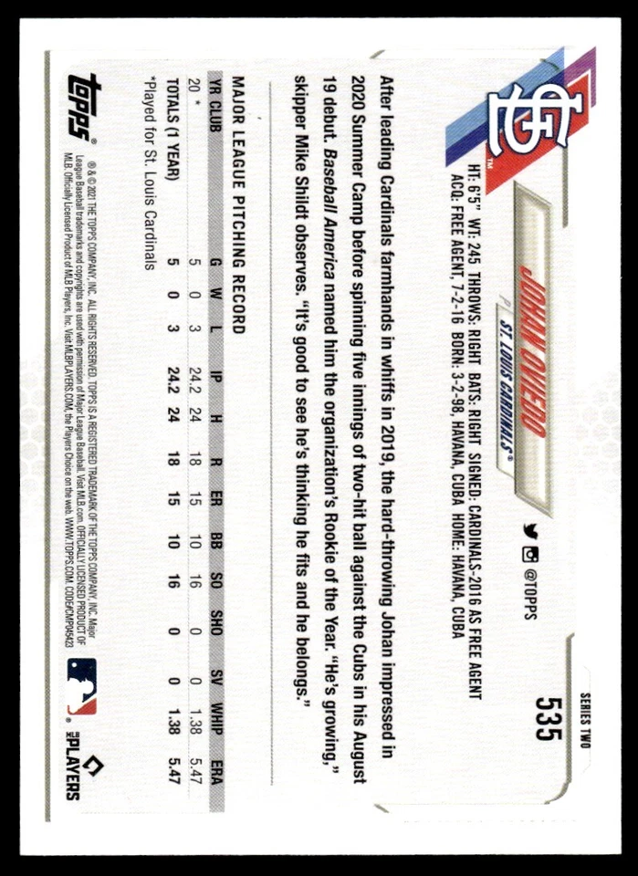 2021 TOPPS SILVER FOIL Johan Oviedo Rookie St. Louis Cardinals #535 R111 - Image 2 of 2