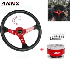 345mm Deep Dished Red Racing Steering Wheel with Ball Quick Release Adapter Kit