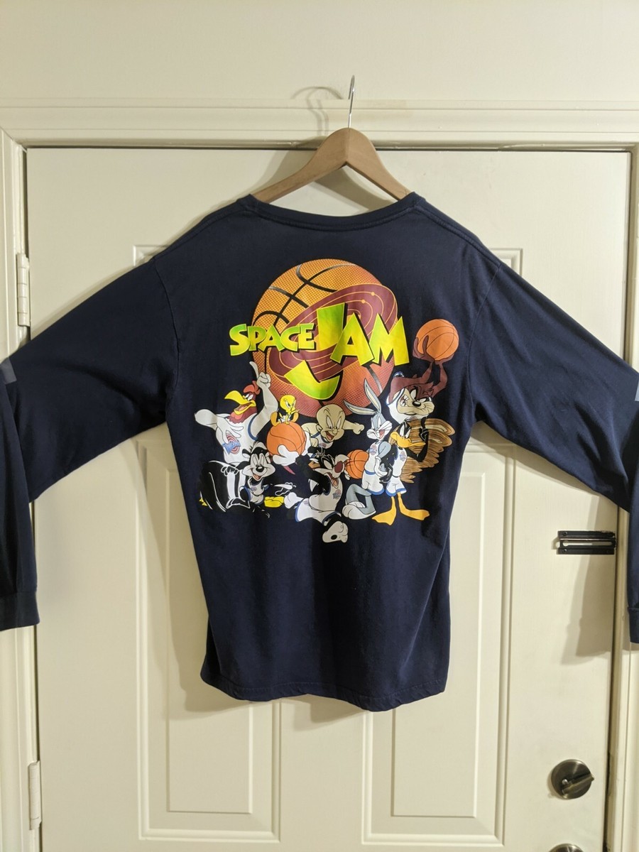 VINTAGE 90s Space Jam T Shirt Mens L Long Sleeve Navy Looney