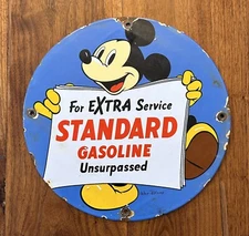 VINTAGE STANDARD GASOLINE PORCELAIN SIGN OIL GAS STATION PUMP PLAT DISNEY MICKEY