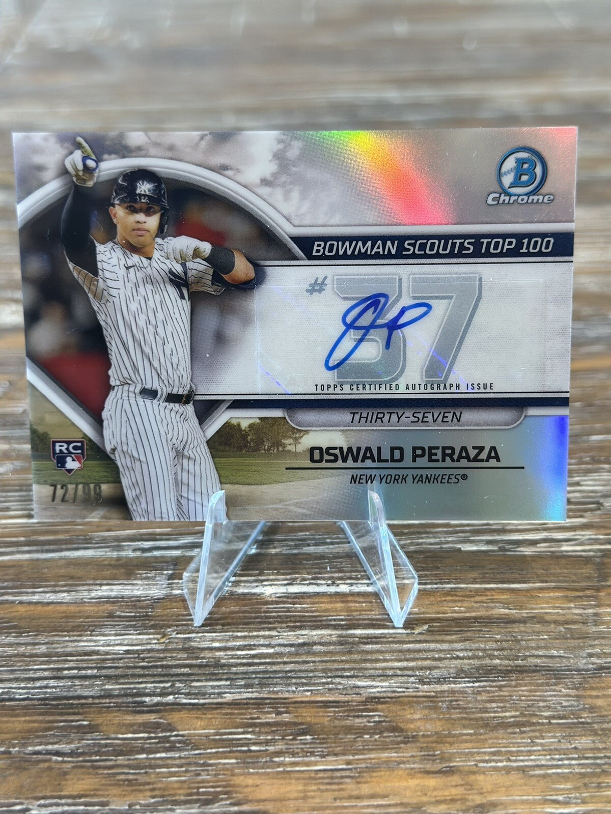 2023 Bowman Chrome Oswald Peraza Scouts Top 100 Rookie Auto RC #72/99 Yankees