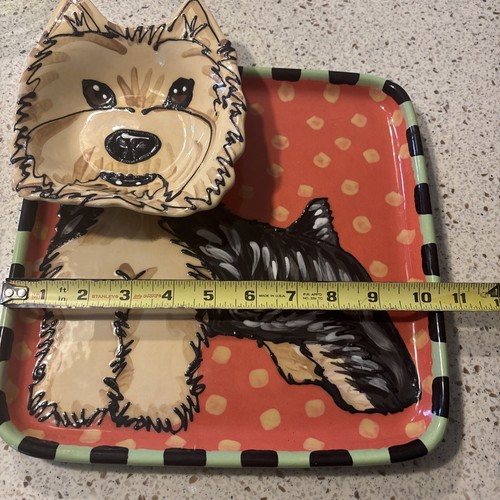 Yorkshire Terrier Yorkie Chip & Dip Plate Serving Dish With Bowl Signed Pottery - Picture 8 of 9