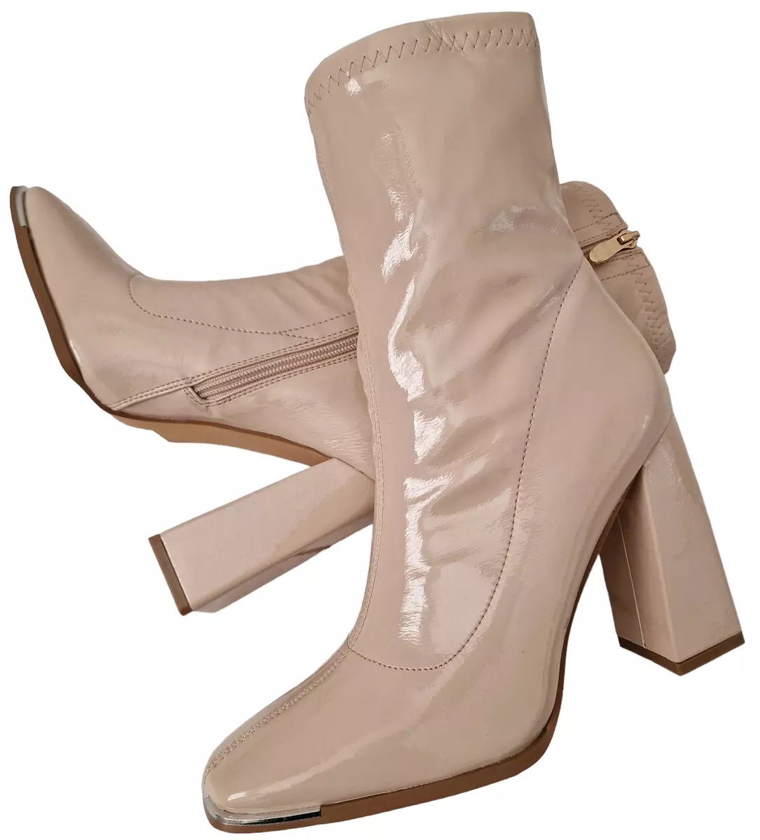 Womens Beige Block Heel Fashion Zip Fastening Ankle Boots Shoes Booties Size 3 8