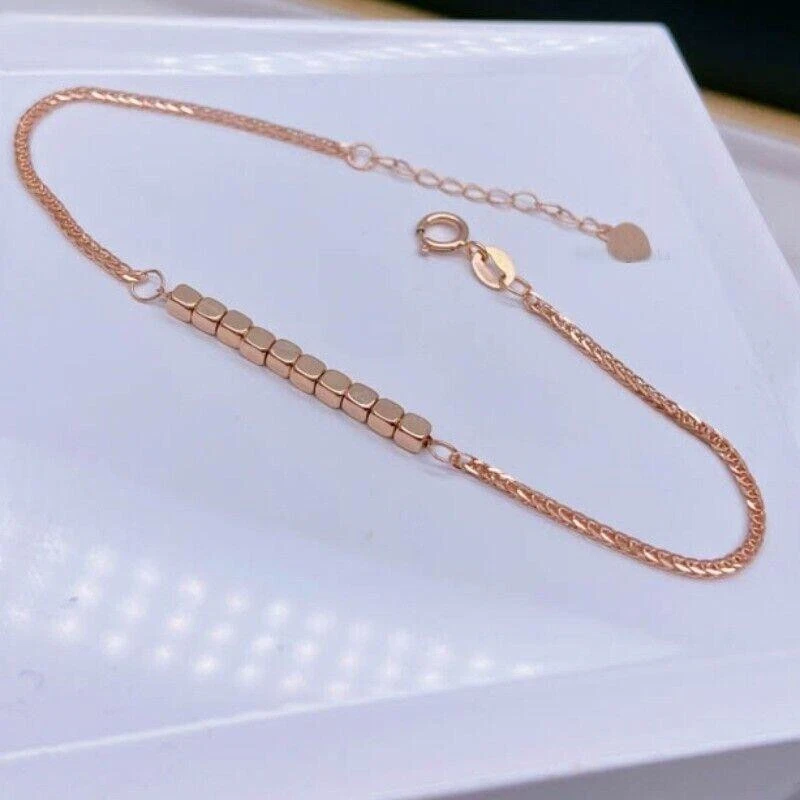 Solid 18K Rose Gold Pure Au750 Square Beads Chain Bracelet Bangle 6.3+1.2inch - Image 2 of 4