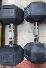 Hex Dumbbells 15kg x2 Pair Rubber Encased Cast Iron Weights USED EX-COMPETITION