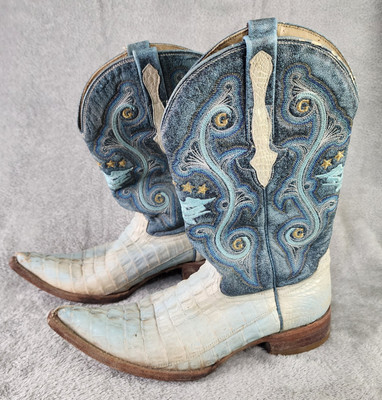 El General Western Boots Mens Size 6 Blue Denim Crocodile Leather Mexican Retro