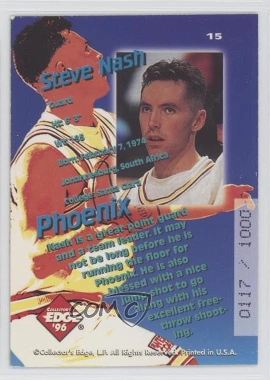 Collector's Edge Rookie Rage Key Kraze Gold 1996/1000 Steve Nash #15 RC HOF Foto 2 de 2