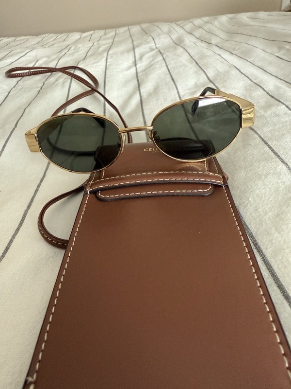 Celine Triumph Gold Metal Sunglasses with Green Lenses Leather Shoulder Case