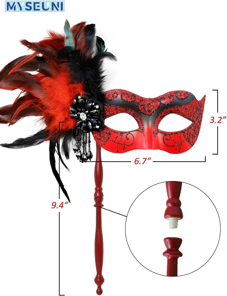 MYSEUNI 2024 Neue Maskerade Maske für Frauen mit Stab - Glänzende Damen Feder - Bild 2 von 4