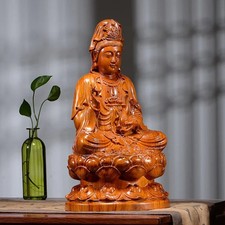 13CM Buddha Statue Seated Lotus Guanyin Buddha Figure Wood Pear Carving Buddhism