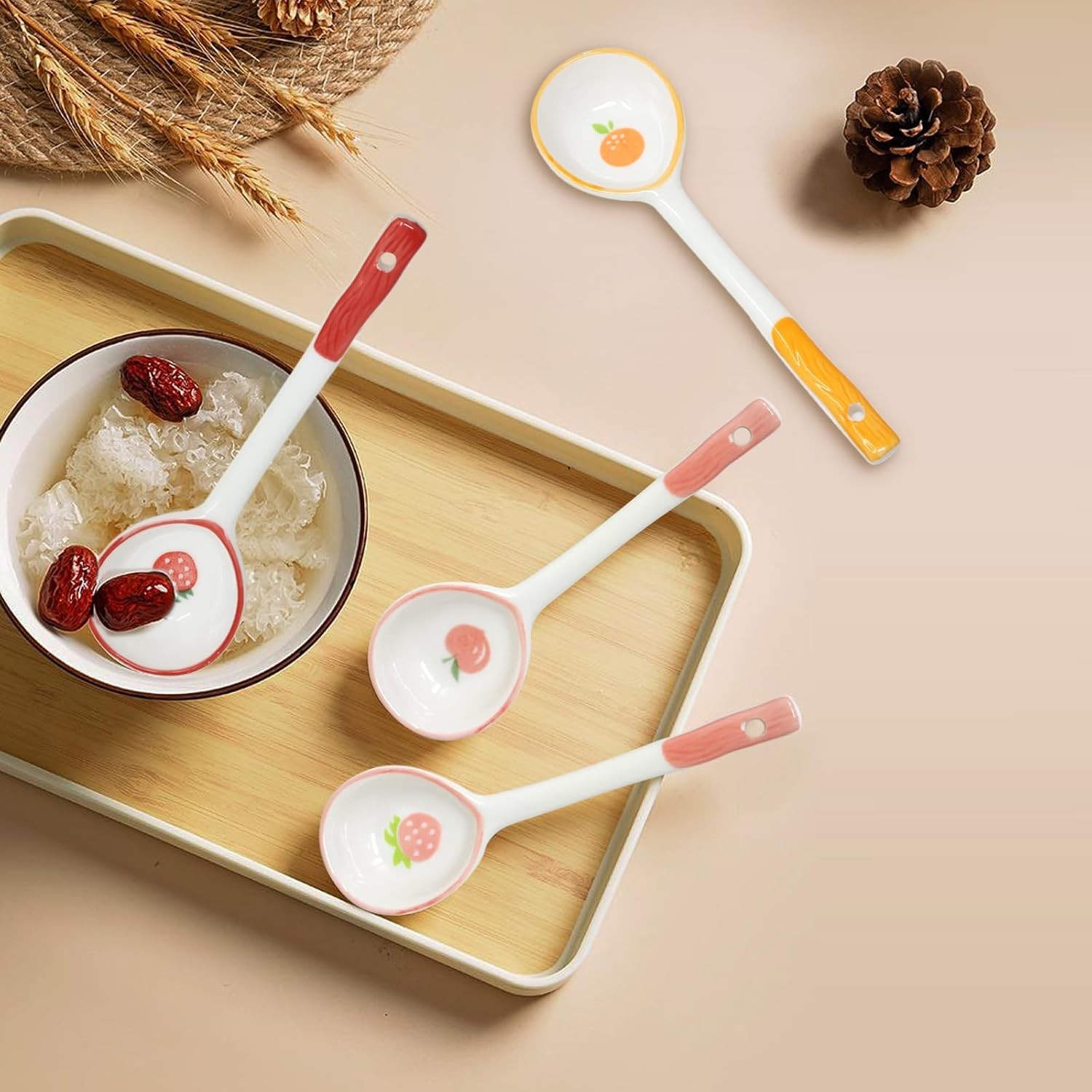 Honbay 4PCS Long Handle Ceramic Soup Spoons Cute Fruit Strawberry Multicolor 