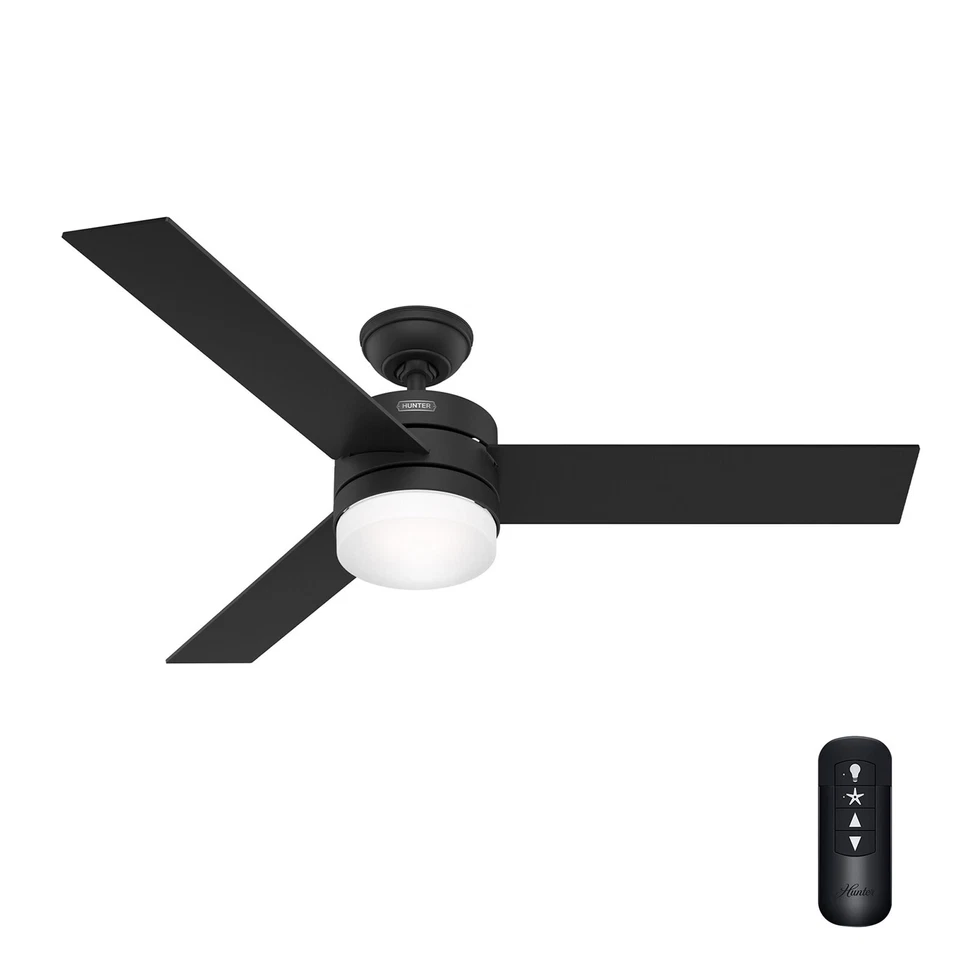 Hunter Fan 54 inch Casual Matte Black Ceiling Fan with Light and Remote Control