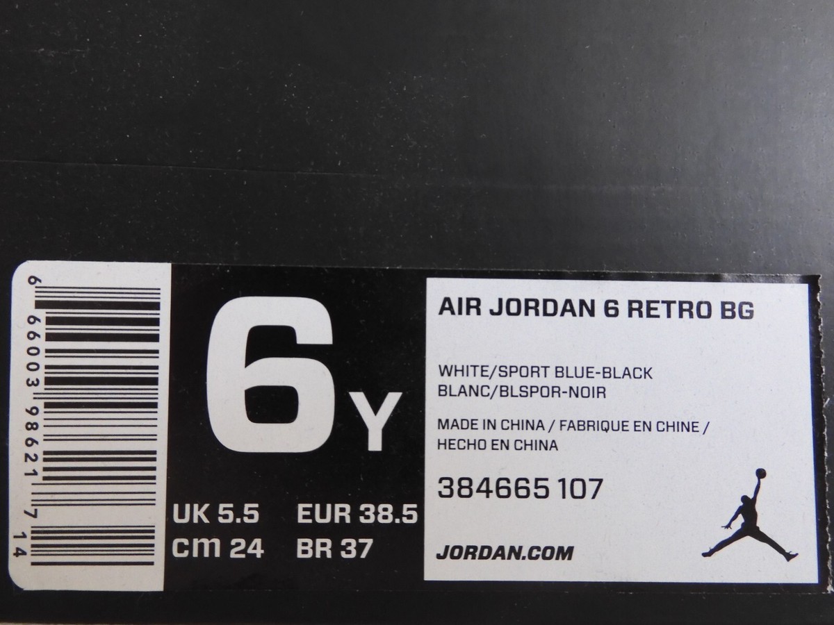 NIKE AIR JORDAN 6 RETRO BG WHITE-SPORT BLUE-BLK SZ 6Y-WOMENS SZ 