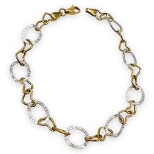 14k Yellow White Two Tone Gold Heart Link Woman Designer Bracelet 4.8 Grams 7.25