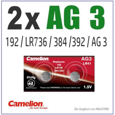   2 Knopfzellen AG 3. Batterien AG3 = LR41/392/384/LR736/SR41W. Marke: Camelion