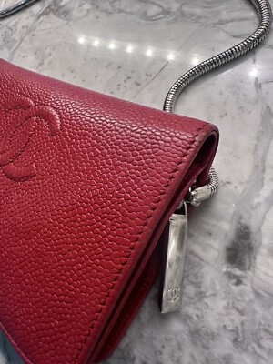 Rare Authentic Caviar Leather Red Chanel Wallet Silver Chain  display picture 1