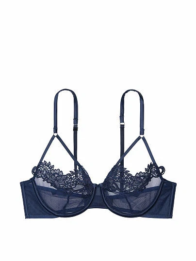 Conjunto de lencería Victorias Secret Luxe sin forro sujetador de encaje dragón cintura alta azul transparente Foto 3 de 4